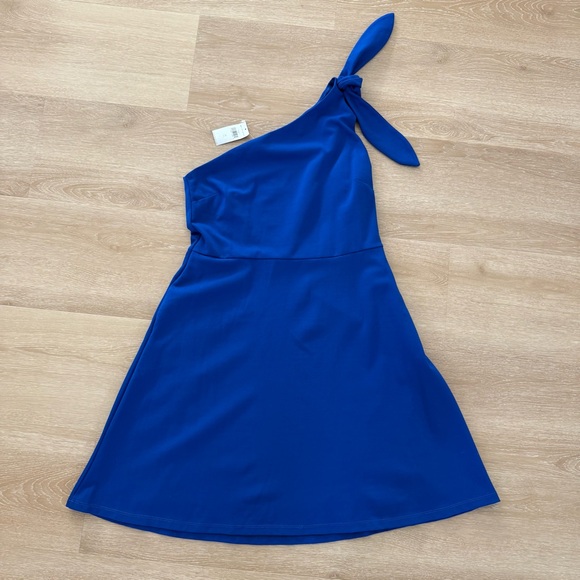 NWT Banana Republic One-Shoulder Ponte Fit & Flare Dress Deep Royal Blue SZ 14 T - Picture 4 of 9